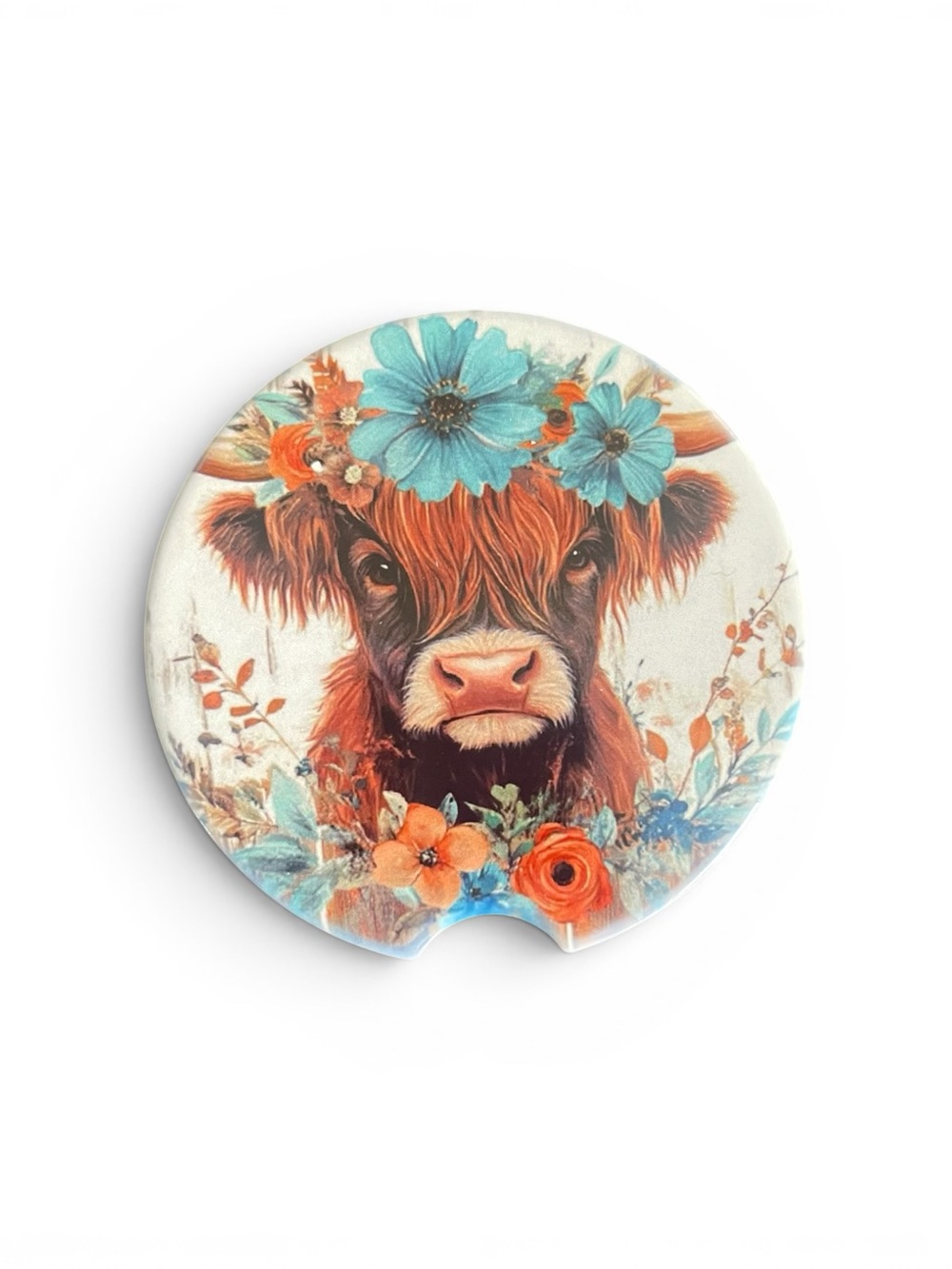 Floral Highland Cow Car Coaster - Turquoise & Orange (2 per pack)